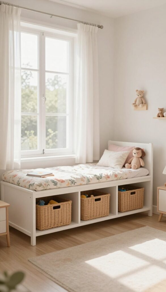 Bright toddler girl bedroom with a white storage bench under a sunlit window, topped with a pastel patterned cushion and baskets of toys inside open compartments