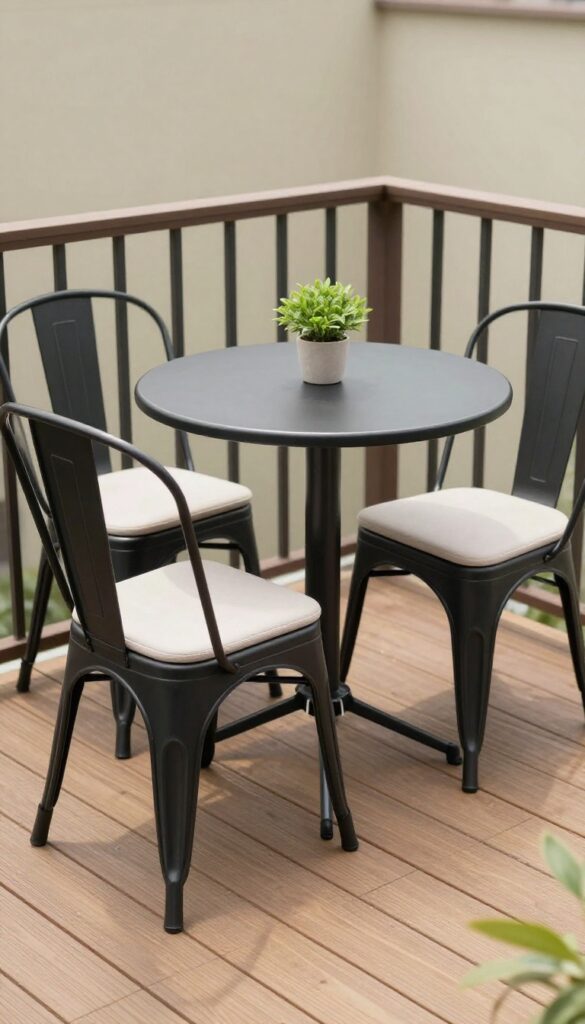 Compact black metal bistro table and two folding chairs with slim cushions arranged near a railing on a small sunlit wooden deck