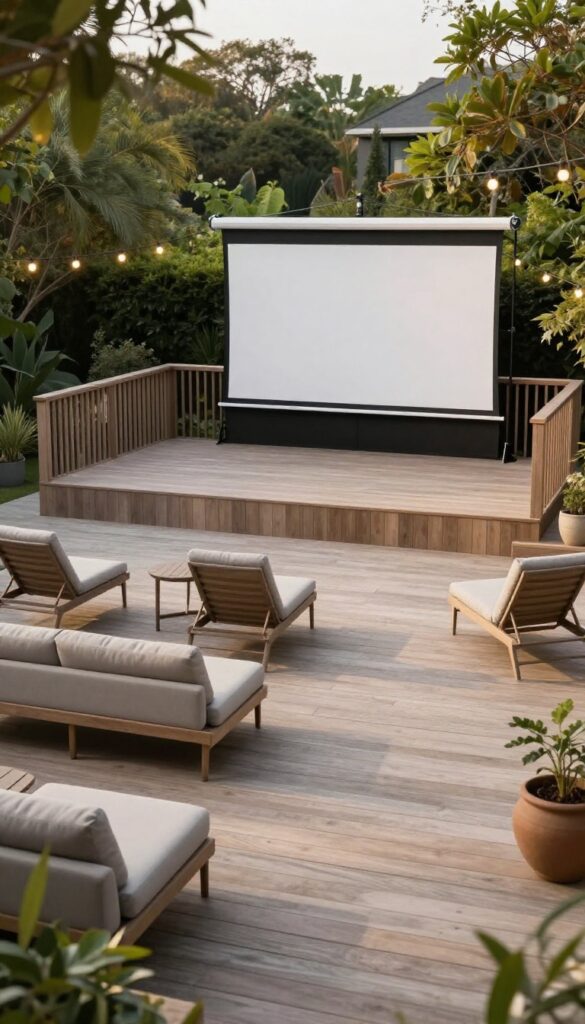 Multi-level backyard deck with a raised entertainment stage and lower seating area facing it, with a retractable projector screen mounted to a railing and bright natural light.