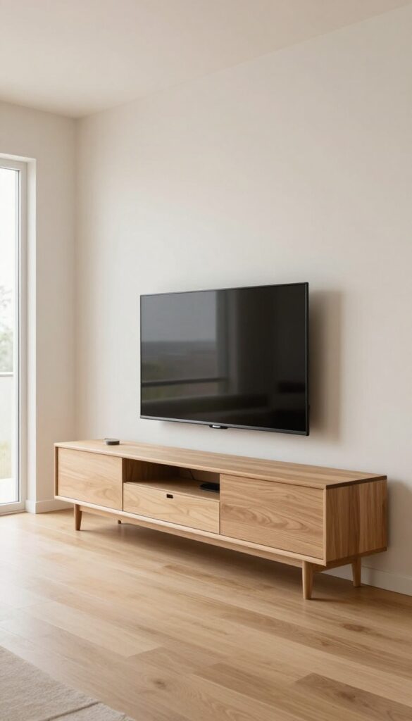 Minimalist low-profile wood media console with a wall-mounted TV in a bright, uncluttered living room with natural light and clean lines