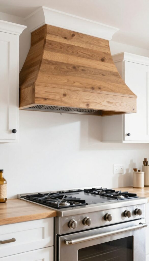 Farmhouse kitchen with a thick stained wood beam vent hood cover above a large range, framed by white cabinetry in bright natural light