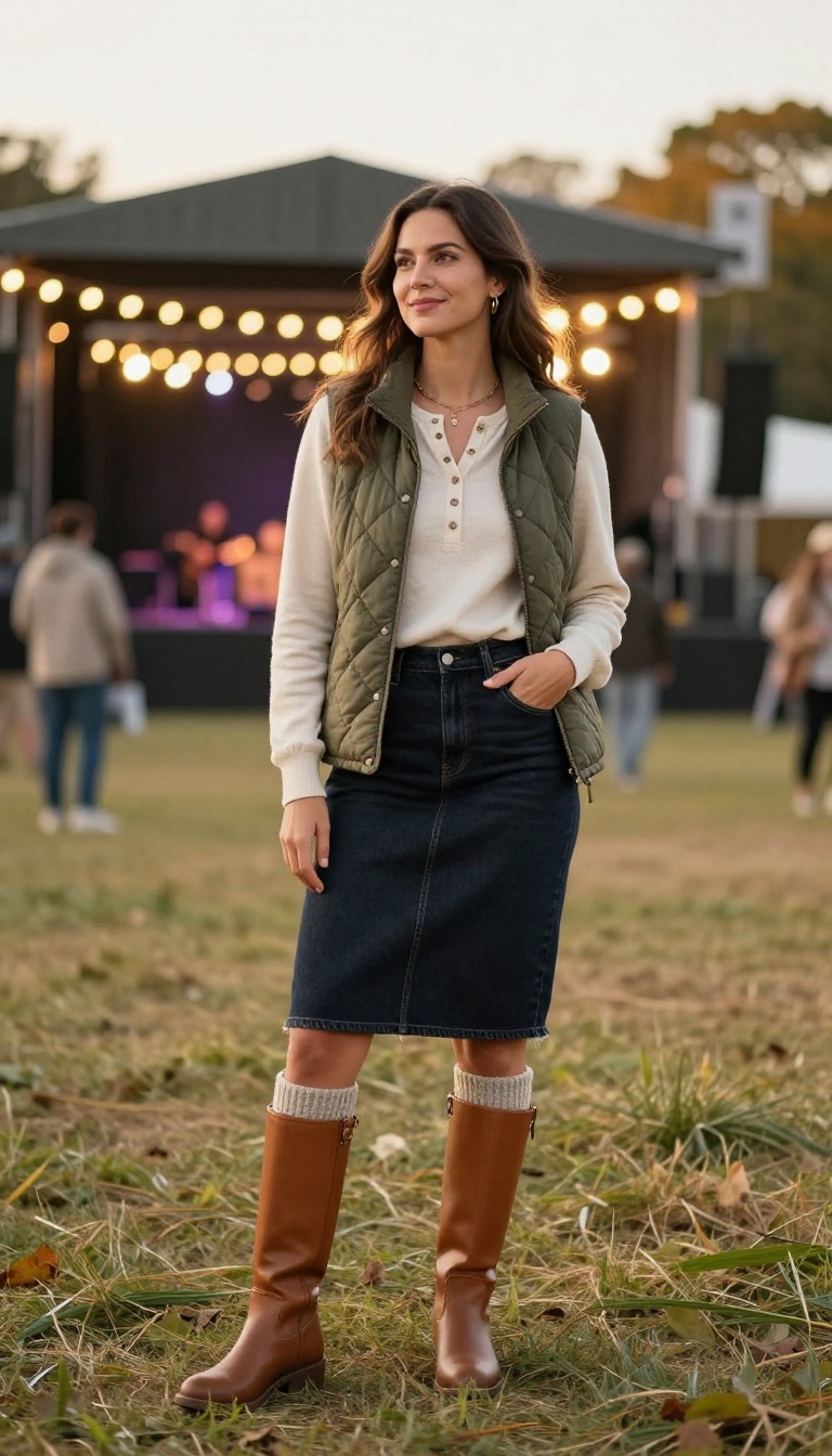 9. Quilted Vest and Jean Skirt with Riding Boots