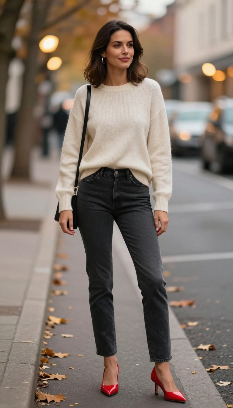 12. Gray Jeans with Red Heels