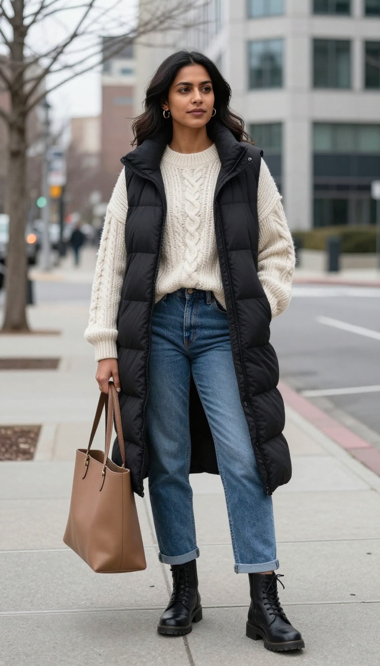 3. Medium Wash Boyfriend Jeans + Chunky Knit + Longline Vest