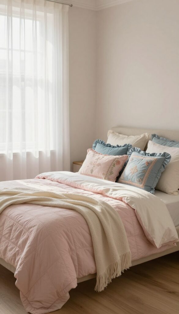 Bright vintage princess bedroom bed layered with blush quilted bedding, ivory sheets, dusty blue ruffled pillows, and a soft cream throw blanket in natural light