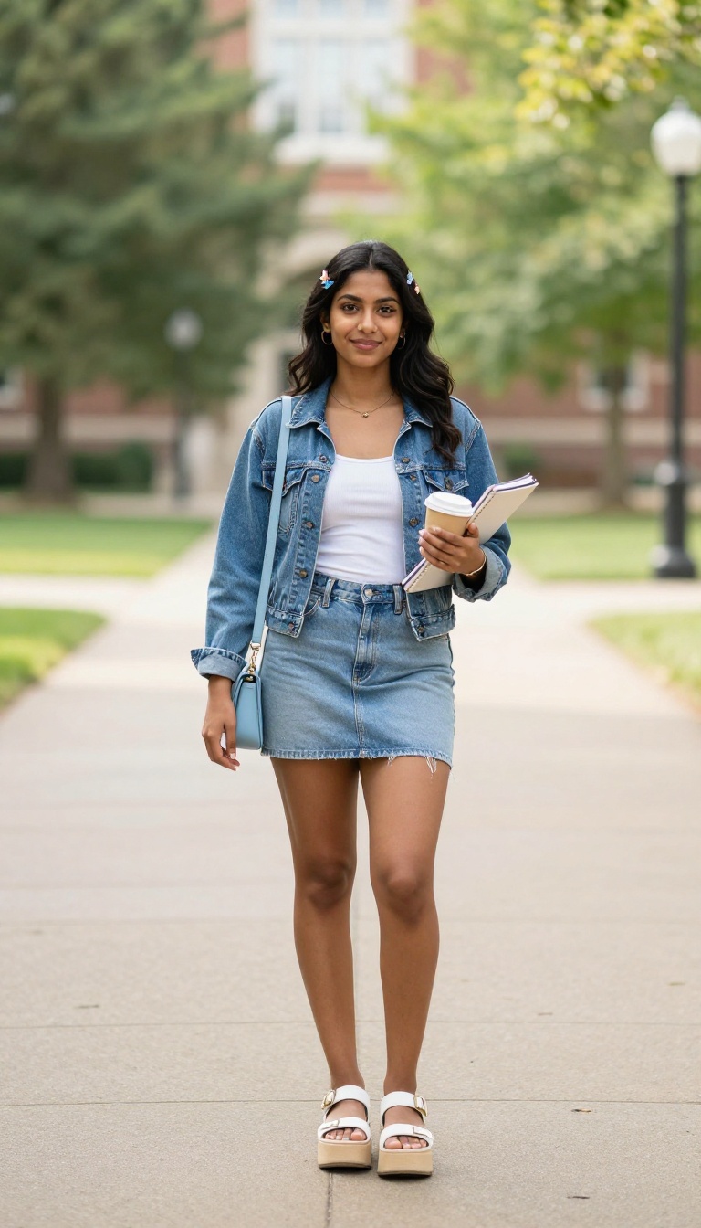 5. Denim Mini Skirt + Layered Tops + Platform Sandals
