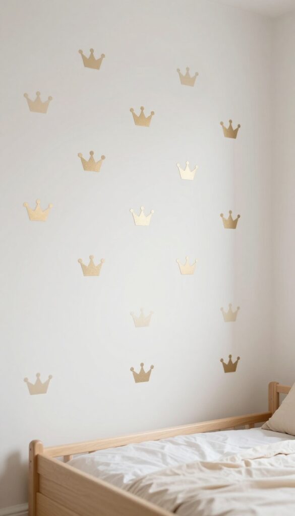 Bright toddler bedroom wall decorated with evenly spaced champagne-gold crown wall decals above a neutral bed in natural light
