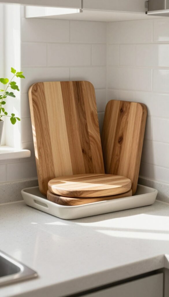 A stack of three wooden cutting boards standing upright against a white subway tile backsplash in a bright small kitchen, styled on a light countertop with a small tray underneath.