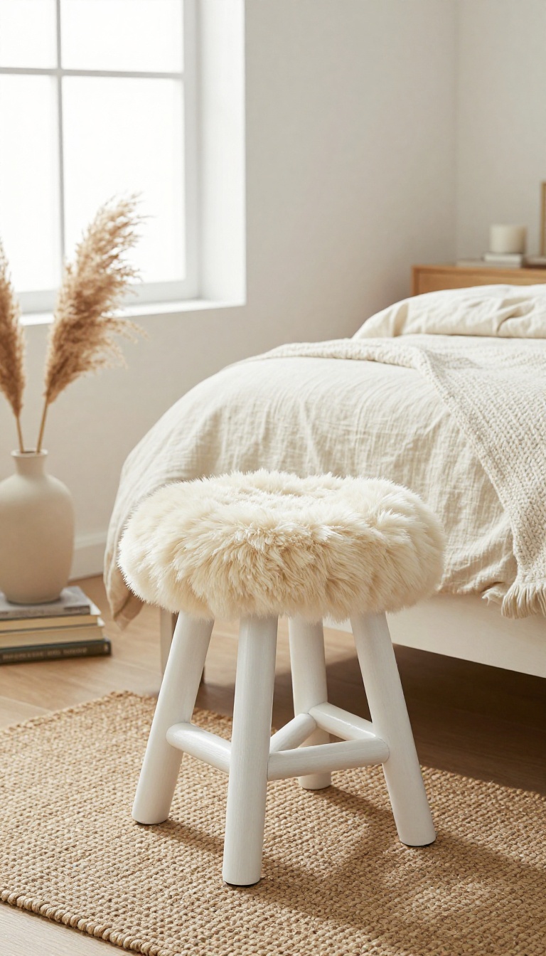 DIY faux fur stool with a painted thrifted base styled beside a neutral bed in a bright budget bedroom