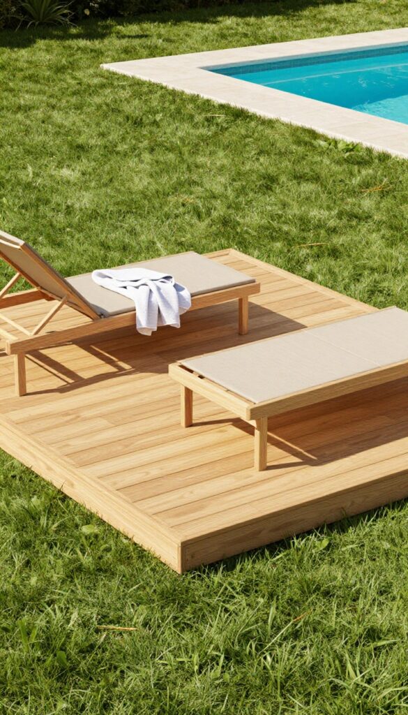 Small square floating wooden deck pad with lounge chairs on a lawn beside an above ground pool in bright natural light