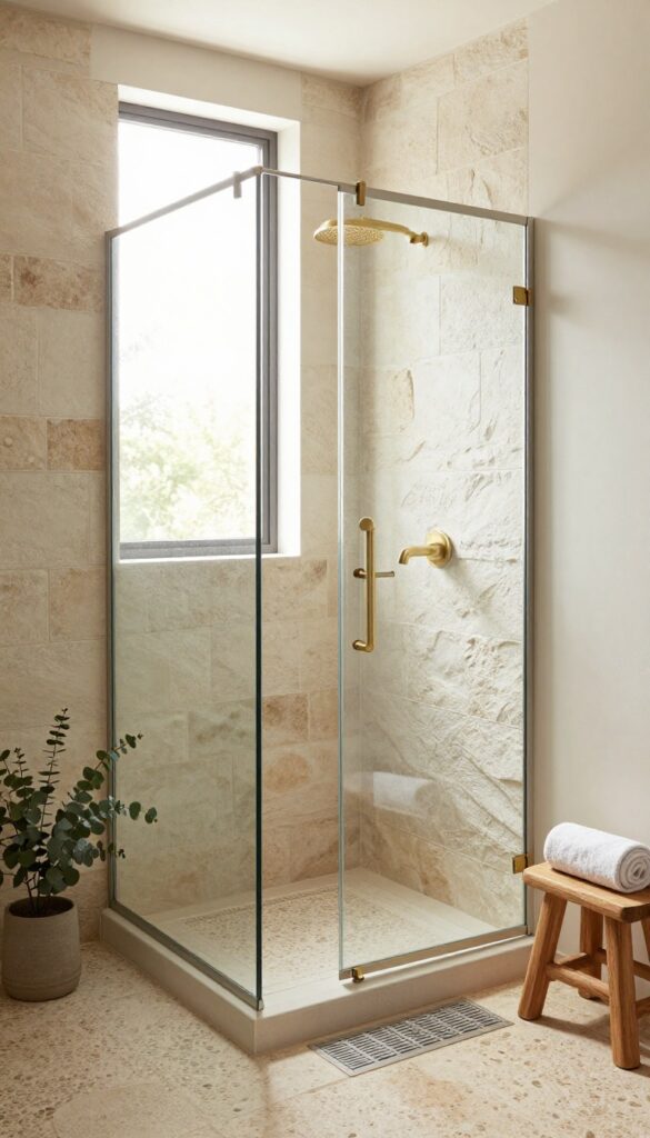 Rustic walk-in shower with a partially open layout, half glass panel, stone and wood textures, and bright natural light in a cozy bathroom