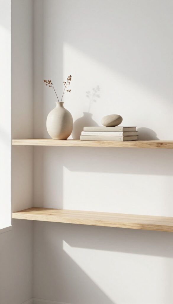 Minimalist living room floating shelf styled with a ceramic vase, two books, and a stone sculpture, leaving the right half intentionally empty to create balanced negative space in bright natural light.