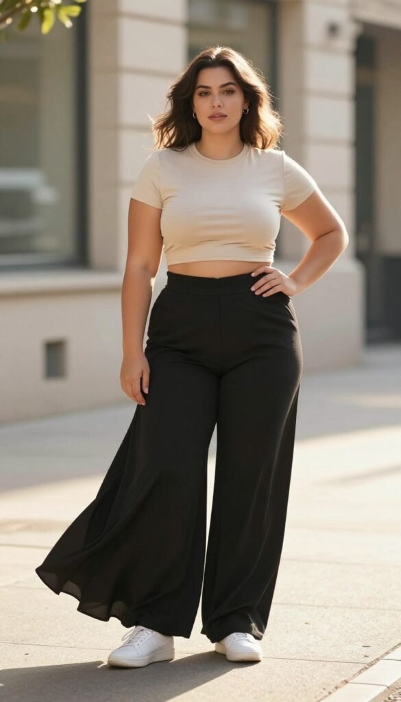 Plus-size woman wearing high-waisted black wide-leg pants and a beige crop top with white sneakers, standing on a sunny city sidewalk in a clean street style photo.