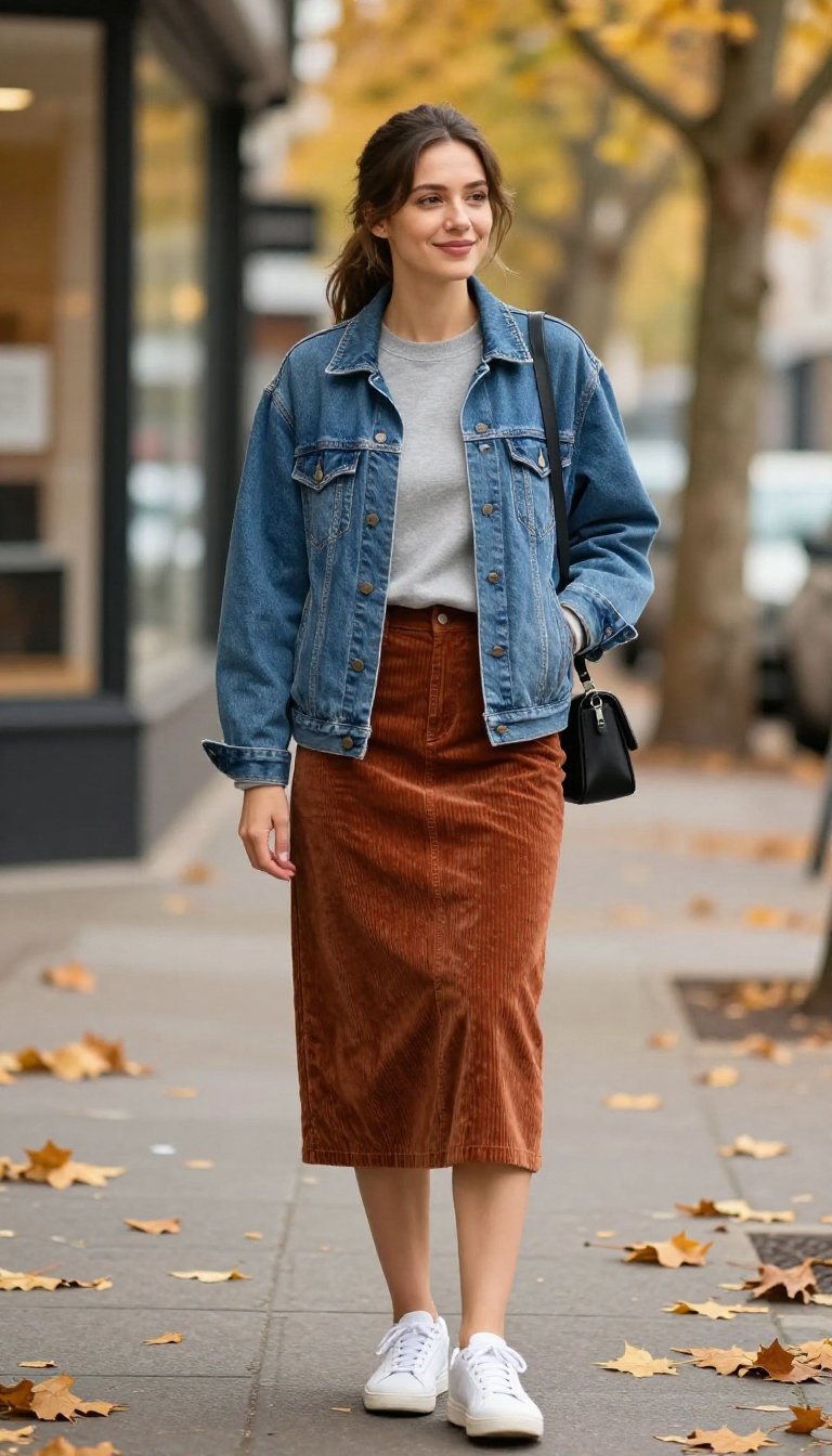 6. Jean Jacket with a Corduroy Skirt and Crewneck Sweatshirt