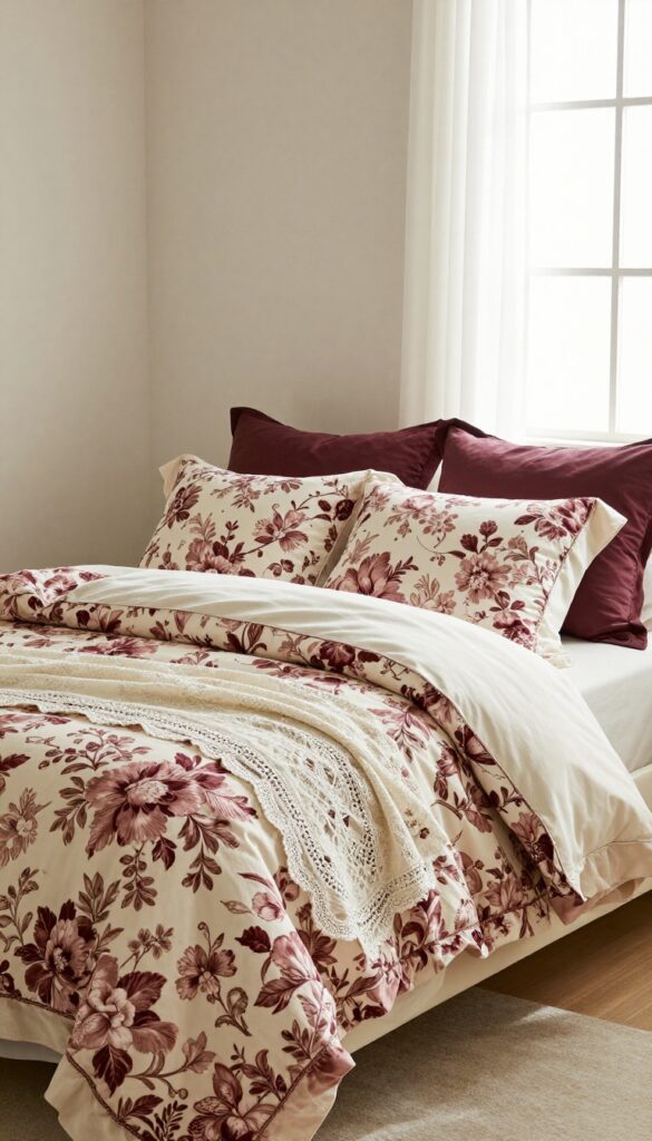 Romantic Victorian floral bedding in burgundy, cream, and dusty pink on a cozy bed with layered pillows, lace throw, neutral walls, and bright natural light.