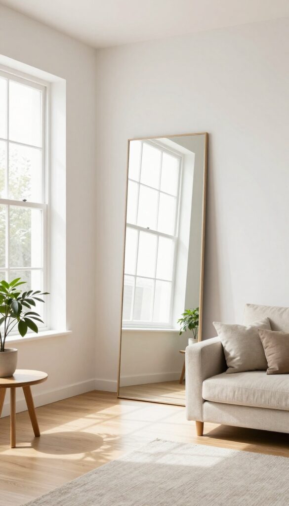 A large frameless mirror leaning against a white wall in a bright modern small living room, reflecting a sunlit window and making the space feel twice as wide.