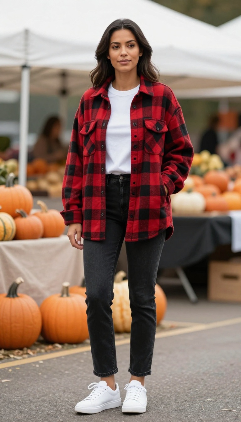 2. Oversized Plaid Shirt Jacket with Straight-Leg Black Jeans