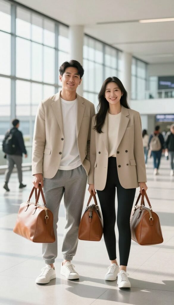 Old money couple in travel-ready outfits with soft blazers and white sneakers at an airport.