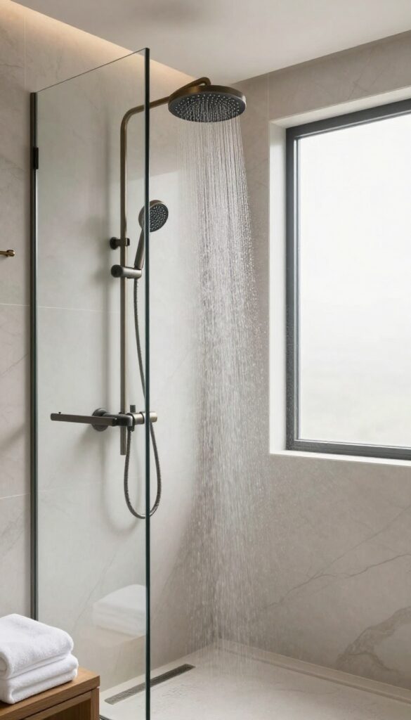 Bright spa-like bathroom with a large ceiling-mounted rainfall showerhead streaming water in a glass walk-in shower with brushed brass fixtures and soft natural light