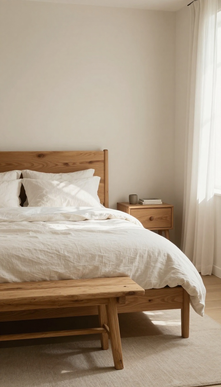 Cozy neutral bedroom with a warm honey oak bed frame, matching nightstand, and white linen bedding in bright natural light