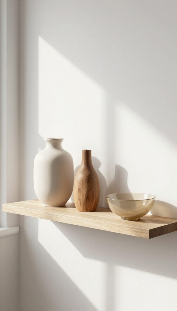 A bright living room shelf styled with three decorative objects in odd numbers: a tall ceramic vase, a wooden sculpture, and a small glass bowl in warm neutral tones.