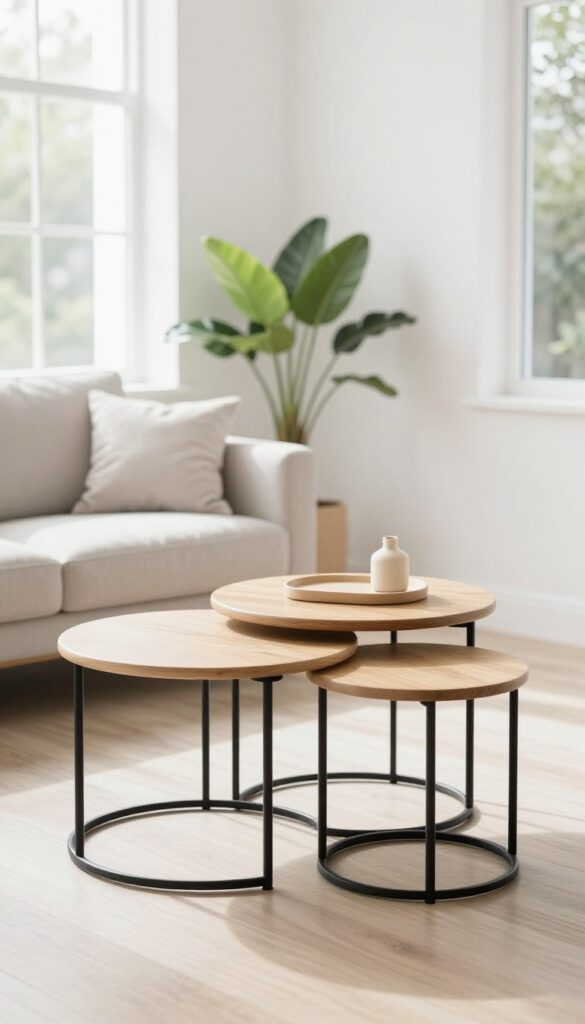Bright modern small living room with round black metal and wood nesting tables tucked together instead of a coffee table, styled with a minimal tray and candle in natural daylight