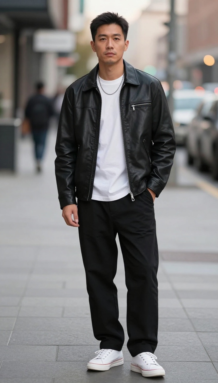 7. Leather Jacket and Baggy Pants