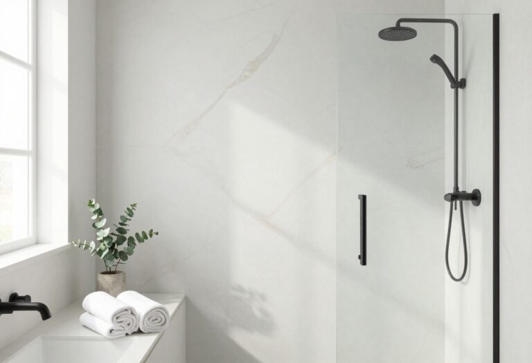 Bright modern bathroom shower with seamless marble-look wall panels and matte black fixtures