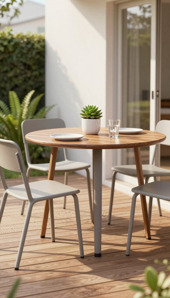 Small outdoor dining table with two lightweight chairs on a sunlit wood deck near the house entrance, defined by an outdoor rug and simple greenery