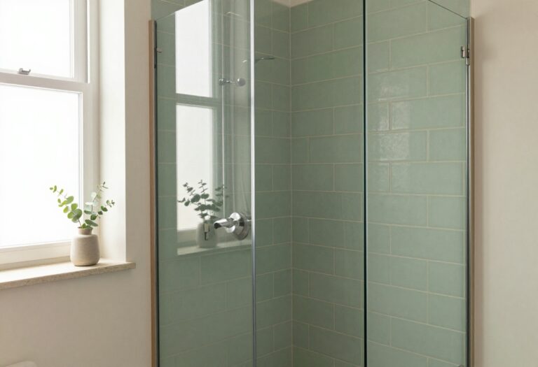 Bright bathroom shower with soft sage green subway tile, light grout, glass panel, and natural daylight creating a calm, relaxing atmosphere.