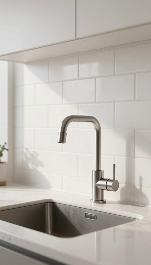 Modern kitchen with a wall-mounted faucet and clean vertical stacked tile backsplash above an uninterrupted countertop