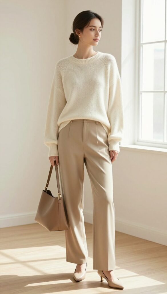 Woman in a neutral monochrome outfit with a cream sweater, beige wide-leg trousers, nude heels, and a structured tan bag, standing in a bright minimalist room.