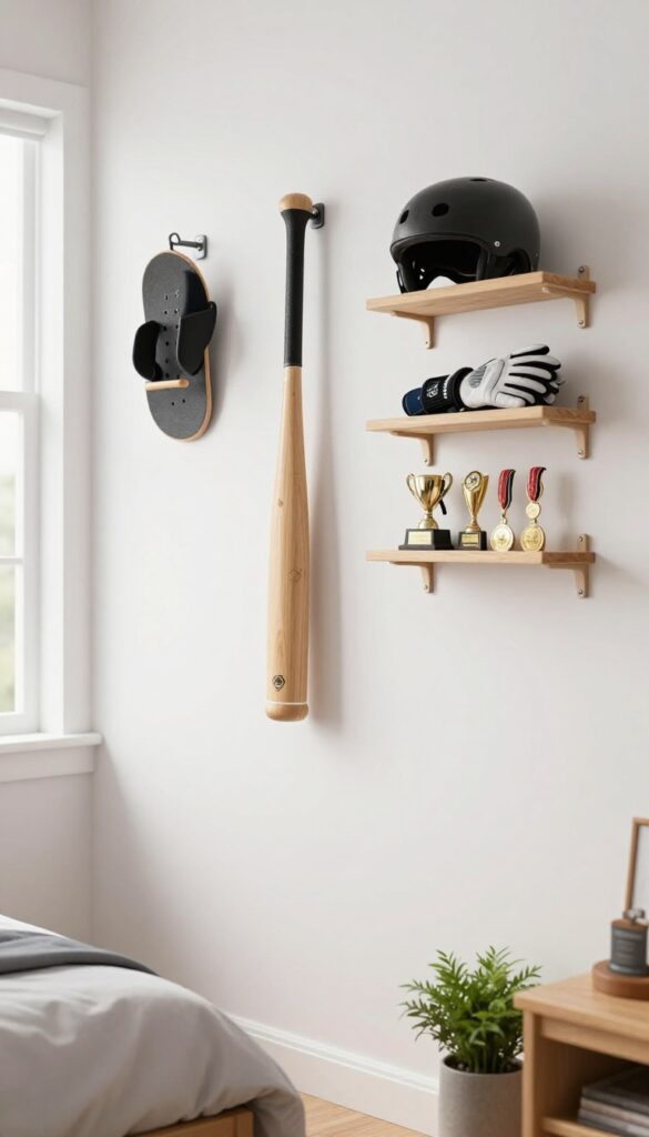 Boys' bedroom wall with a baseball bat and skateboard hung on metal hooks, plus a helmet, gloves, trophies, and medals on small shelves in bright natural light.
