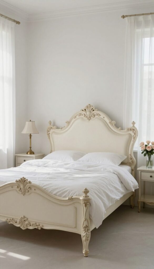 Bright vintage princess bedroom with an ornate carved ivory bed frame as the focal point, simple white bedding, and soft natural light.