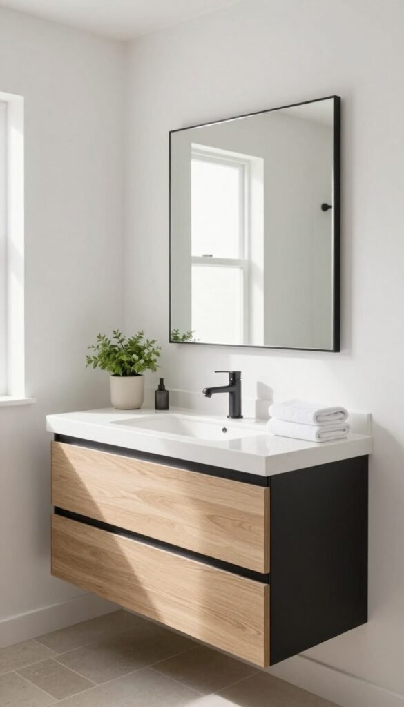 Bright small bathroom with a light oak single vanity, white quartz countertop, matte black hardware, and a large mirror reflecting natural light against soft white walls.
