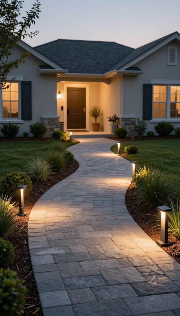 A softly lit front yard walkway at dusk with evenly spaced solar path lights glowing warmly along a curved stone path leading to a home entrance.