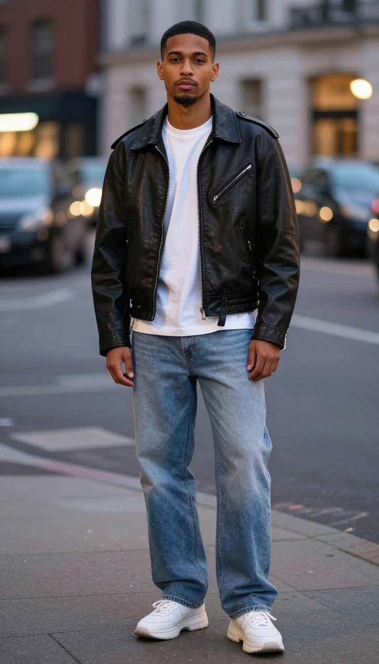7. Leather Jacket with Baggy Jeans and Chunky Sneakers