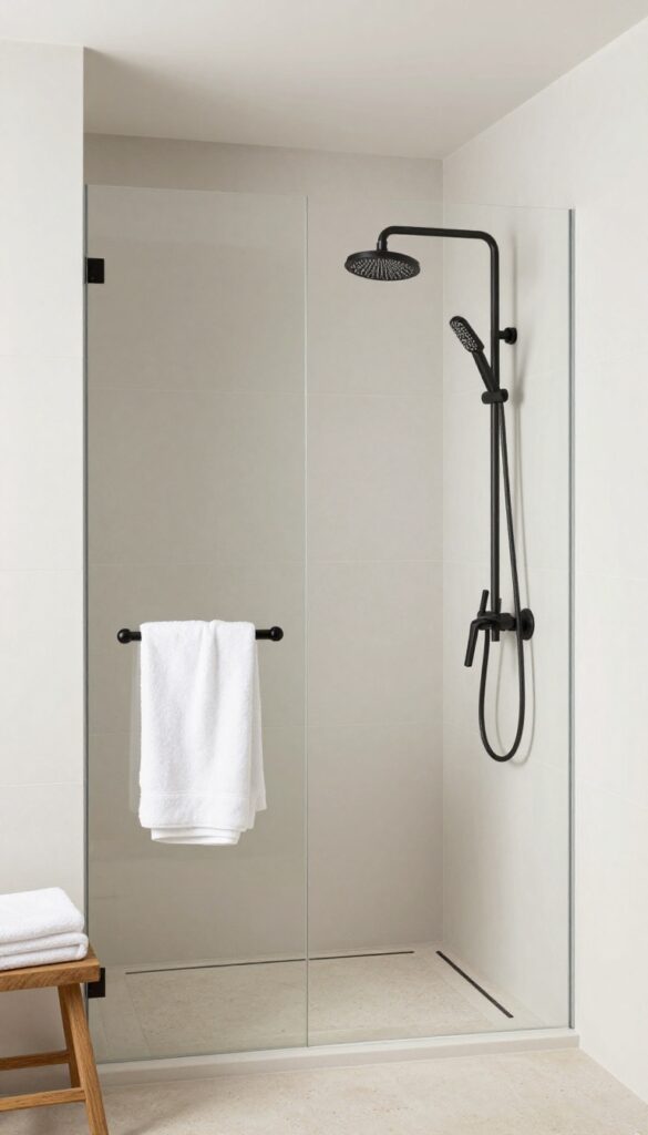 Bright open walk-in shower with no door, matte black rain showerhead and handheld wand, light tile walls, and natural daylight.
