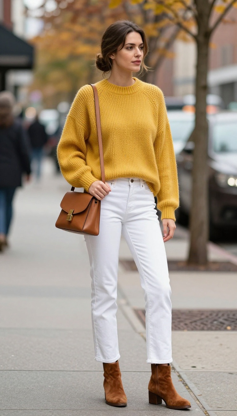 10. White Jeans + Chunky Knit + Ankle Boots
