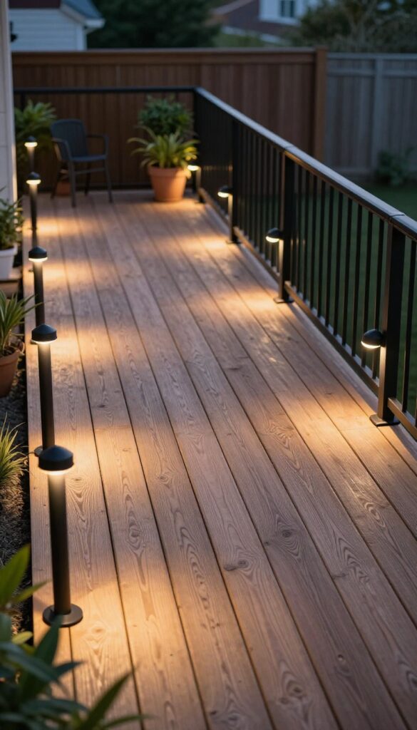 Wooden deck at dusk with evenly spaced glowing post cap lights on matte black posts along the railing, softly illuminating the deck perimeter and structure.