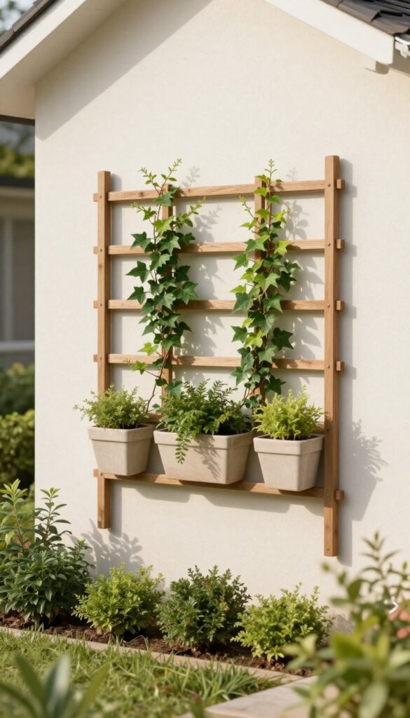 Small front yard with a wooden trellis covered in climbing jasmine and ivy against a light exterior wall, surrounded by low green plantings in bright natural light