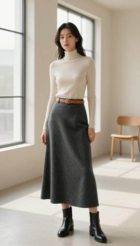Woman in charcoal wrap skirt and ivory turtleneck with leather belt and ankle boots in a bright room.