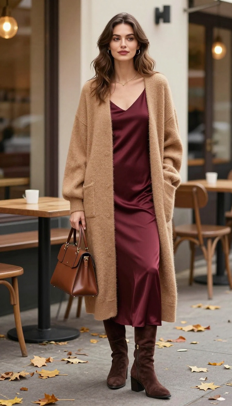 7. Long Cardigan + Slip Dress + Ankle Boots