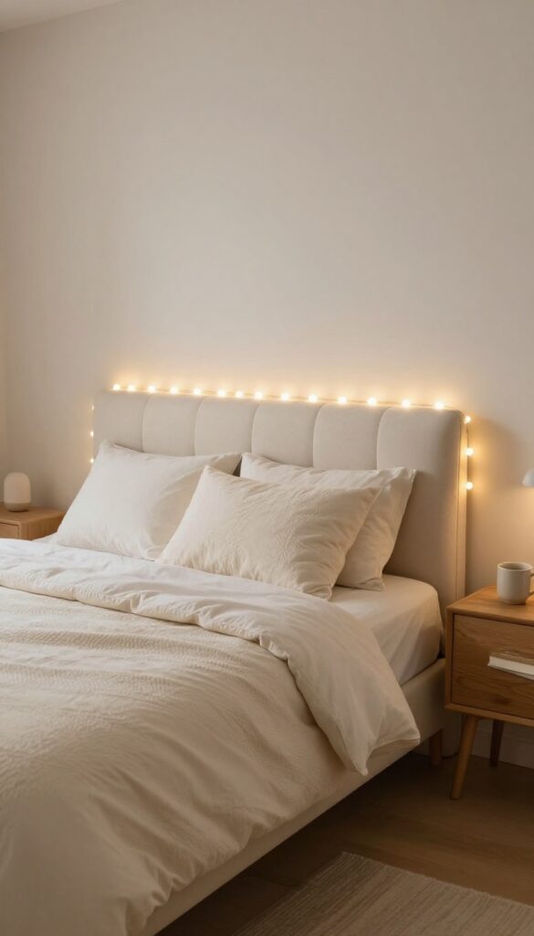 Cozy small bedroom with warm fairy lights hidden behind an upholstered headboard, creating a soft halo glow on the wall behind the bed