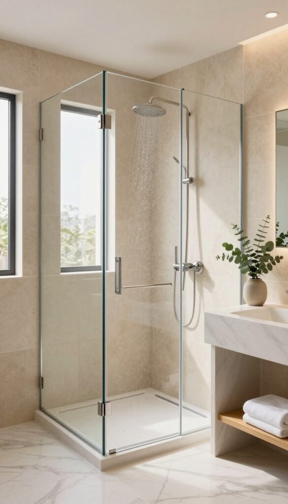 Bright spa-like bathroom with a frameless glass shower enclosure, beige stone-look tile, and brushed nickel fixtures in natural light