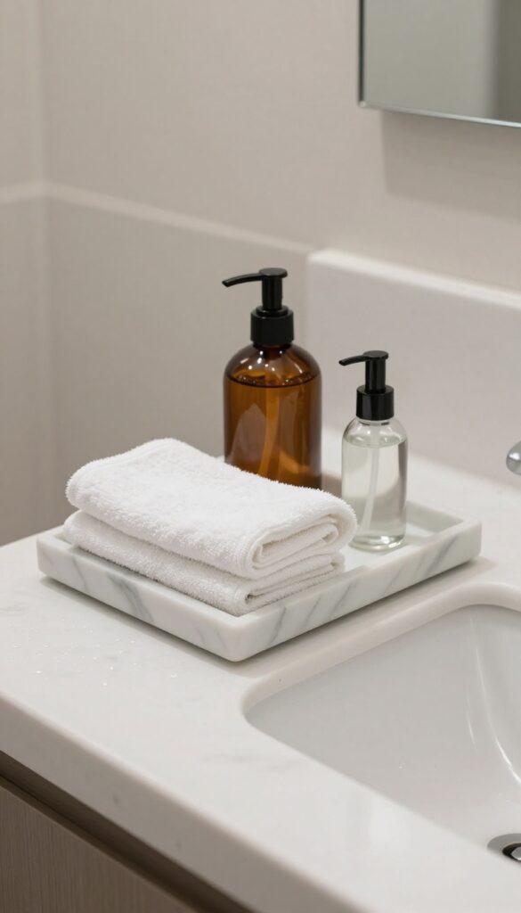 A folded hand towel styled inside a marble tray on a bathroom counter beside a sink with soap and lotion, creating an organized and decorative vignette.
