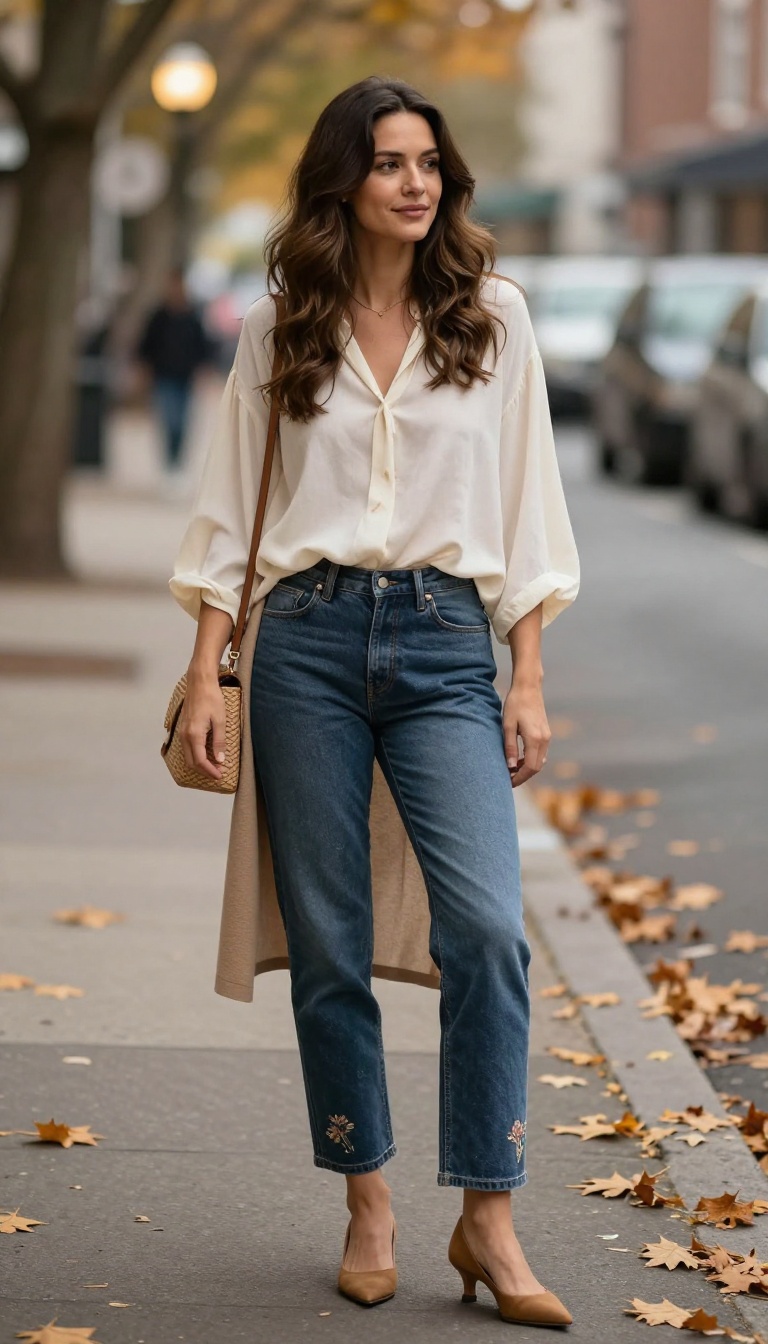 14. Embroidered Jeans with Kitten Heels