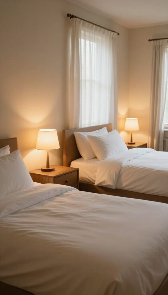 Cozy guest bedroom with layered soft lighting from matching bedside lamps and a warm accent lamp, creating a calm and inviting atmosphere