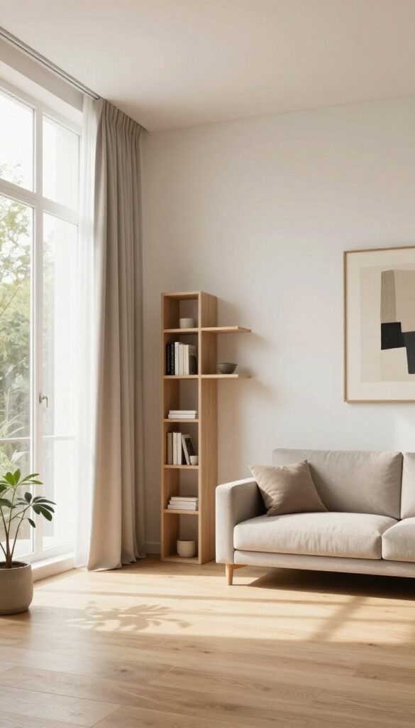 Bright modern small living room with tall bookcase, high floating shelves, vertical artwork, and ceiling-height curtains that make the space feel taller and more open