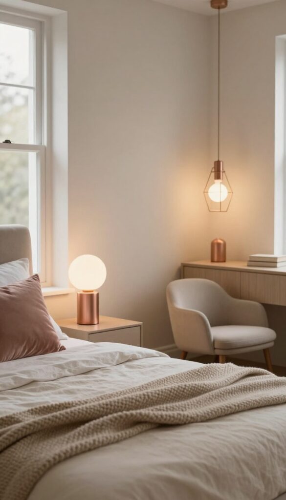 Chic bedroom with rose gold bedside lamps, a rose gold pendant light over a reading corner, and a small rose gold table lamp on a dresser, glowing warmly against cream bedding and soft neutral decor.